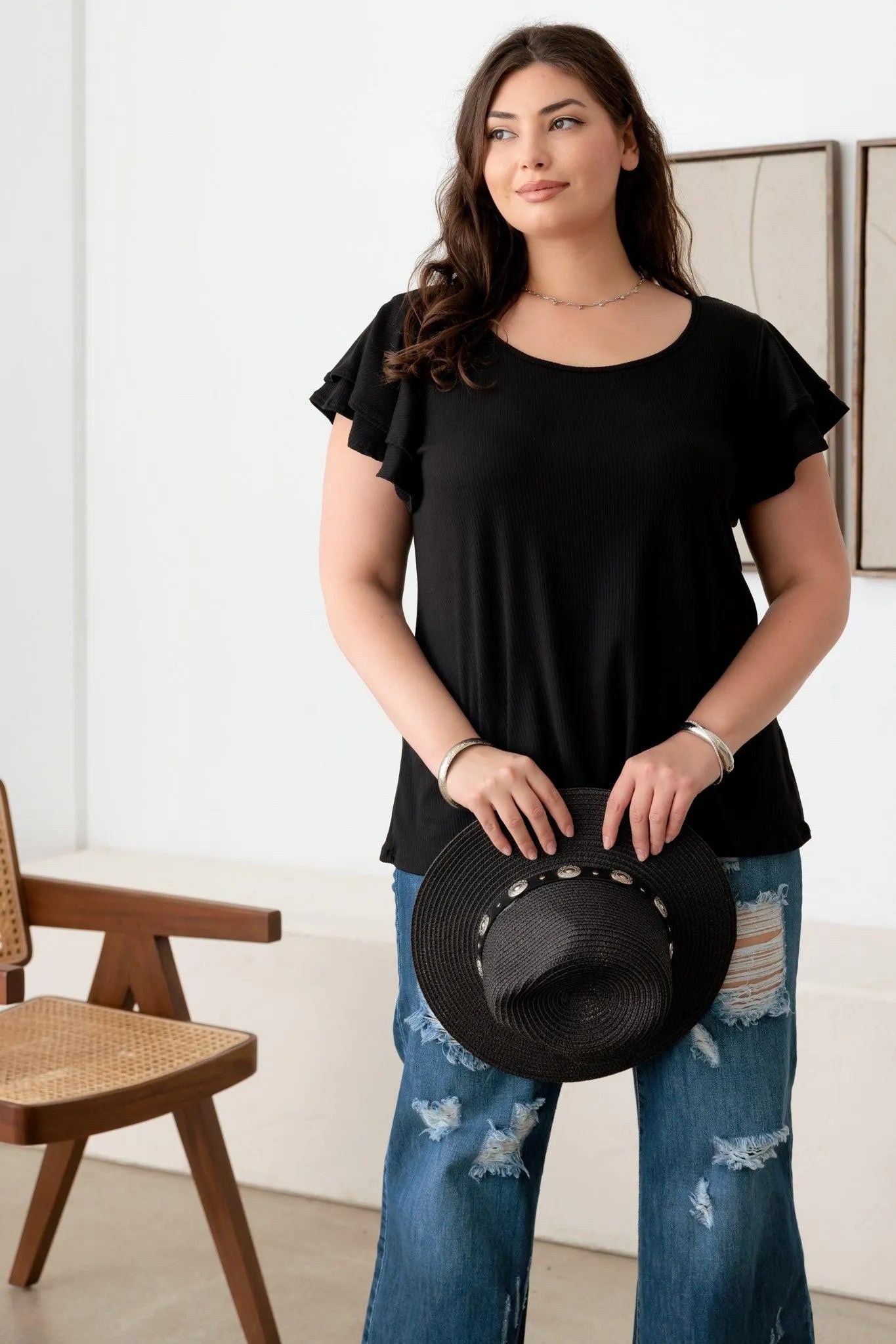 Plus Size Ribbed Top with Short Flutter Sleeves and Round Neck