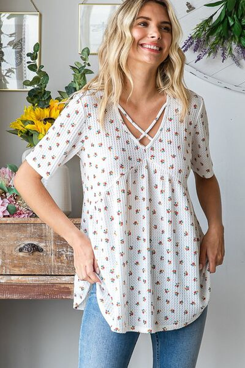 Heimish Plus Size Crisscross Ditsy Floral Babydoll Top