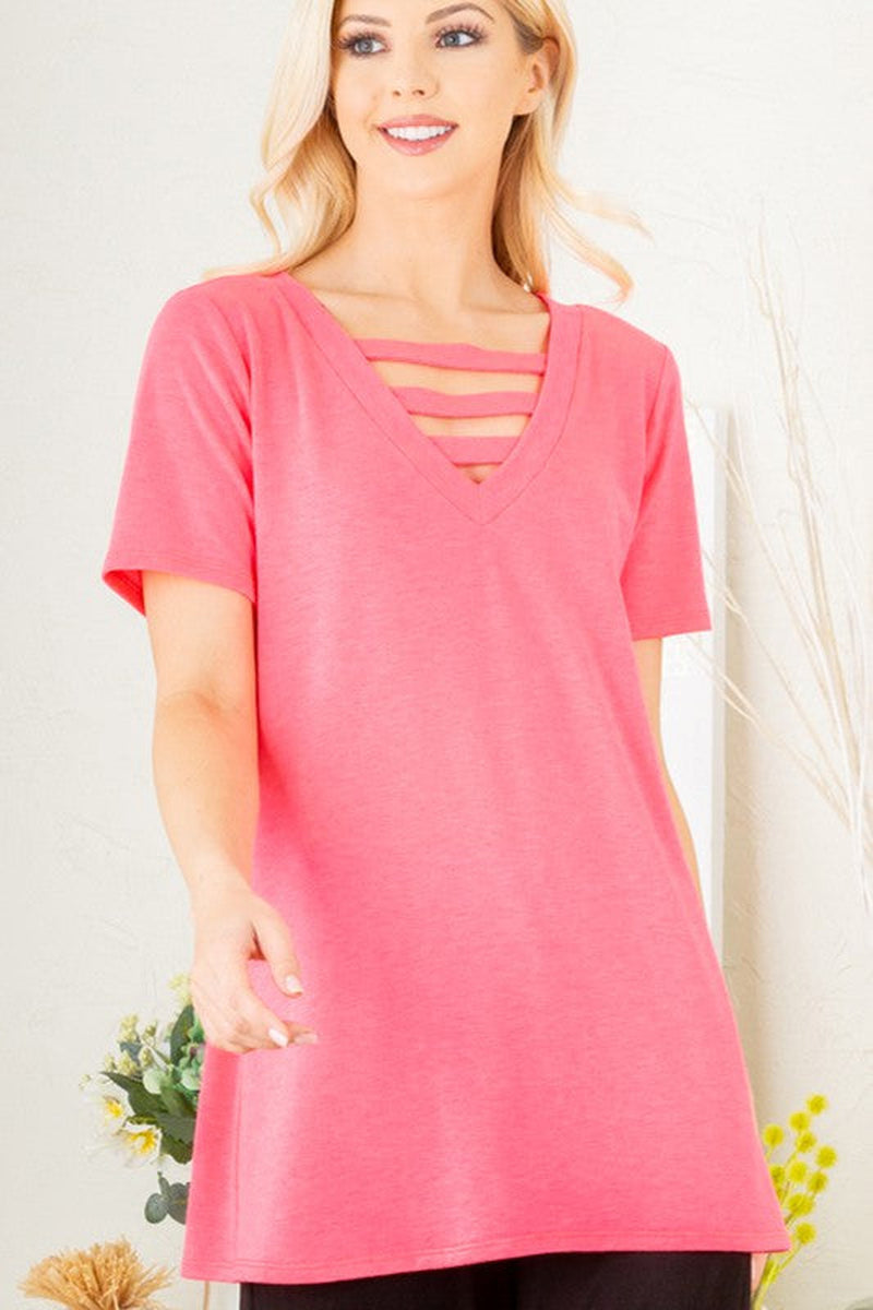 Heimish Plus Size V-Neck Short Sleeve T-Shirt with Bar Detail