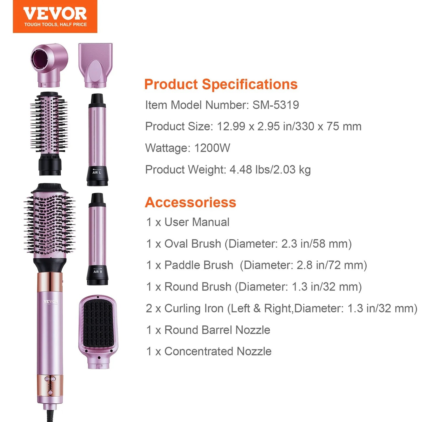 VEVOR 6-in-1 Multi-Function Hair Dryer Brush for Volumizing, Styling, and Curling