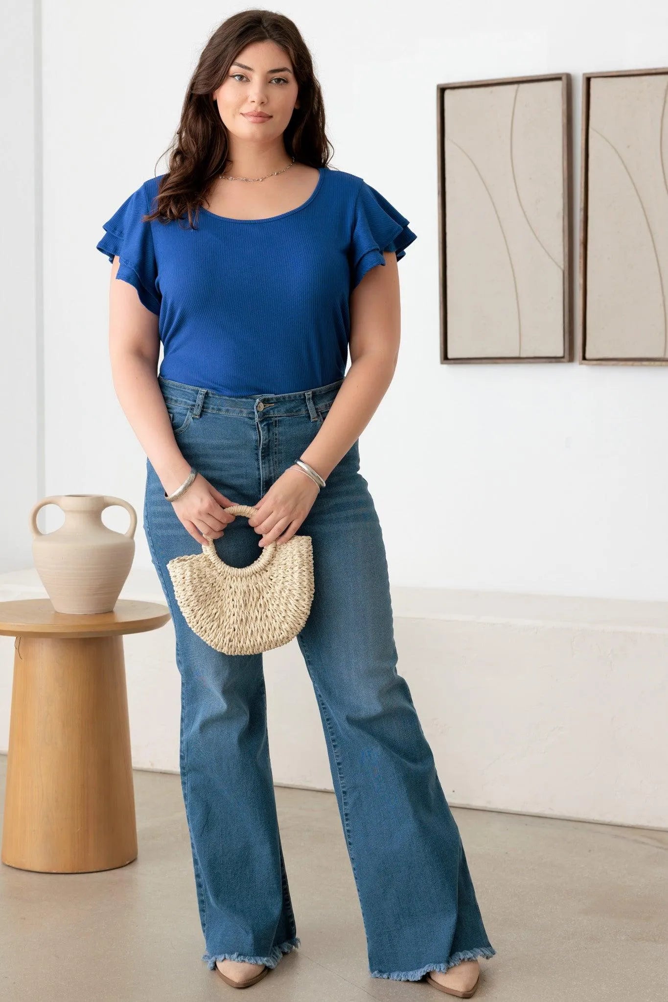 Plus Size Ribbed Top with Short Flutter Sleeves and Round Neck
