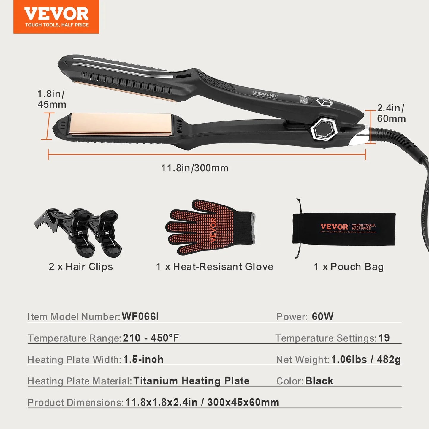 VEVOR Professional 1.5-Inch Titanium Hair Straightener with Dual Infrared Technology, LCD Display, 19 Temperature Settings (210°F to 450°F), Dual Voltage (110V/240V) - Ideal for Salon, Home, and Travel Use