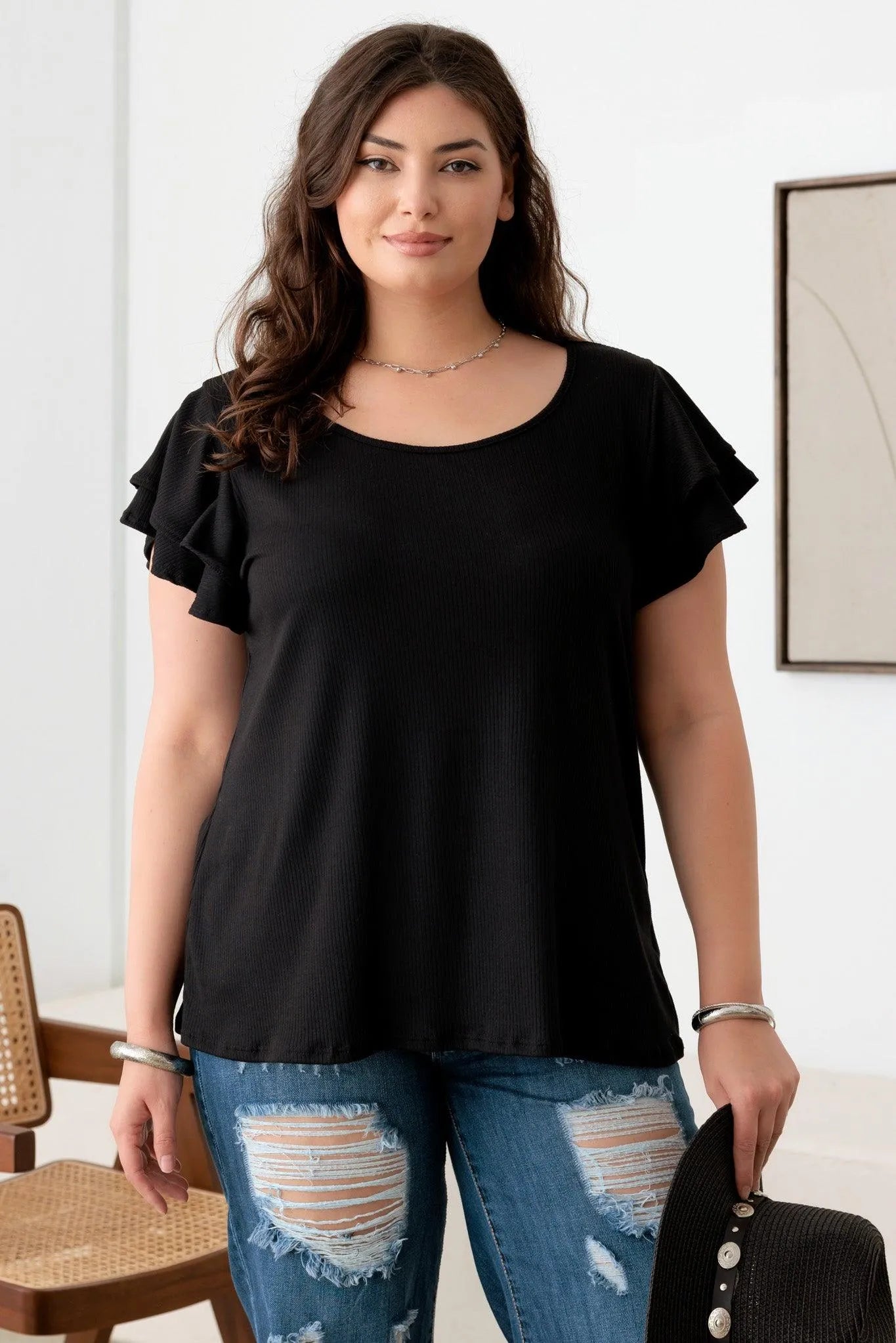 Plus Size Ribbed Top with Short Flutter Sleeves and Round Neck