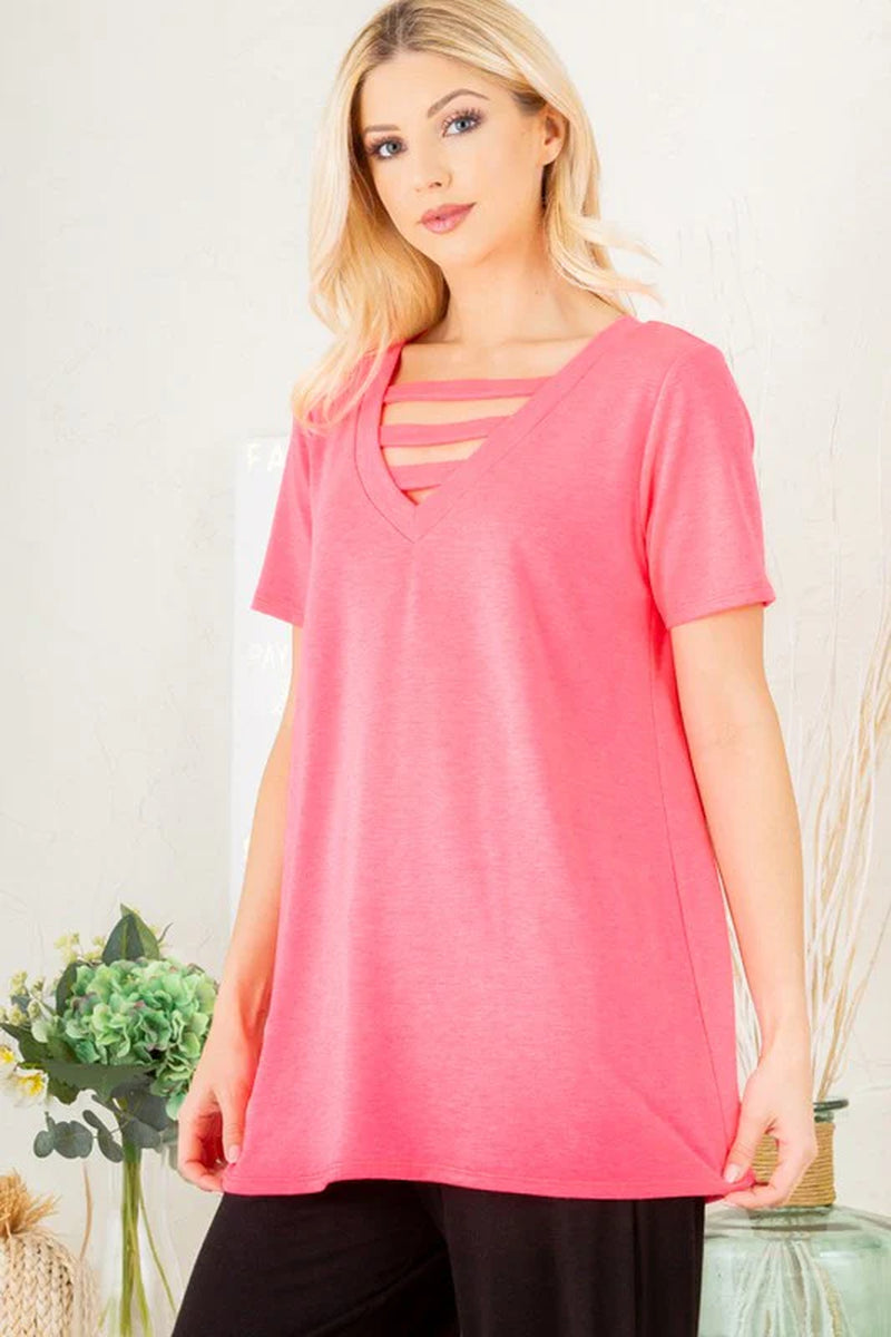 Heimish Plus Size V-Neck Short Sleeve T-Shirt with Bar Detail