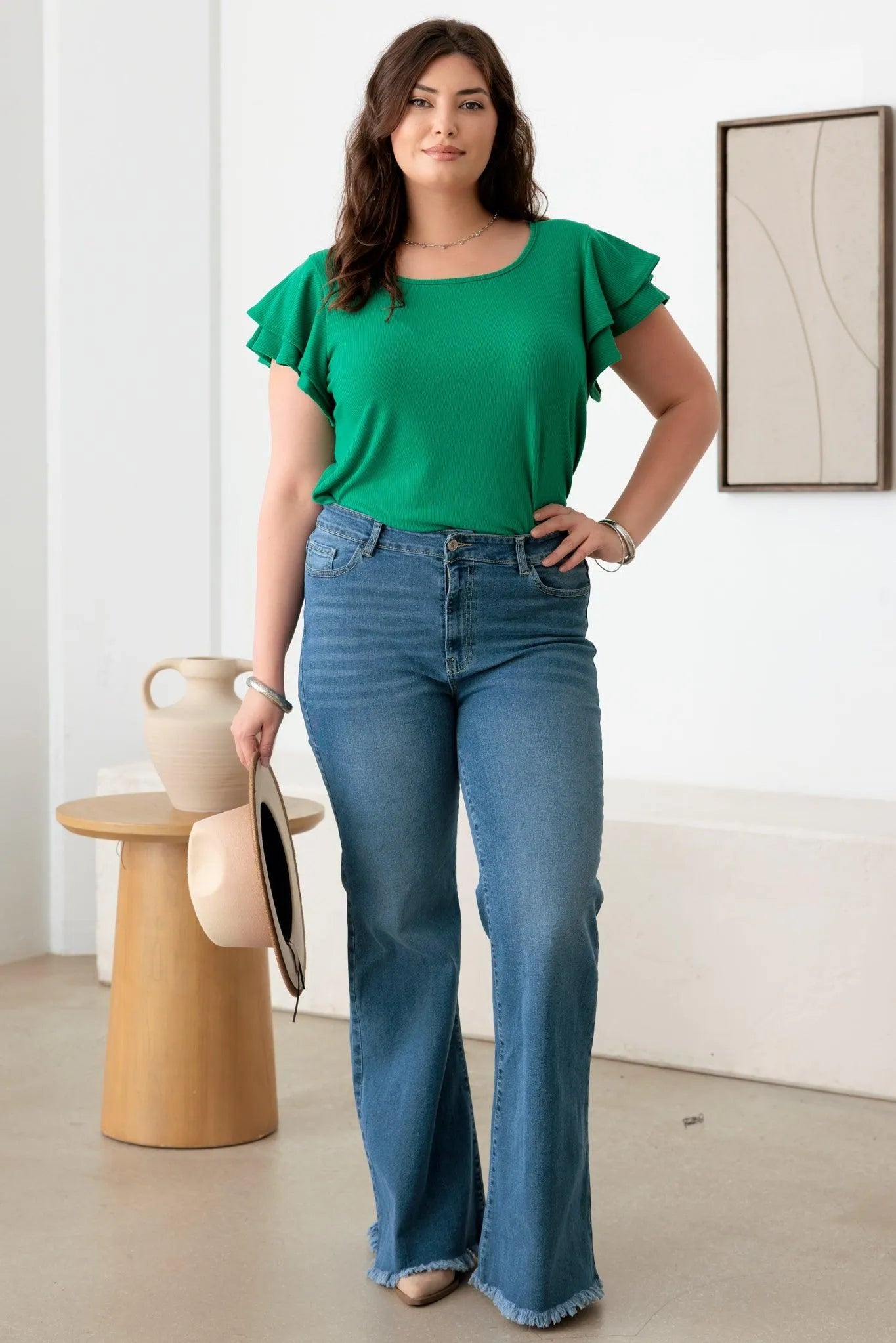 Plus Size Ribbed Top with Short Flutter Sleeves and Round Neck