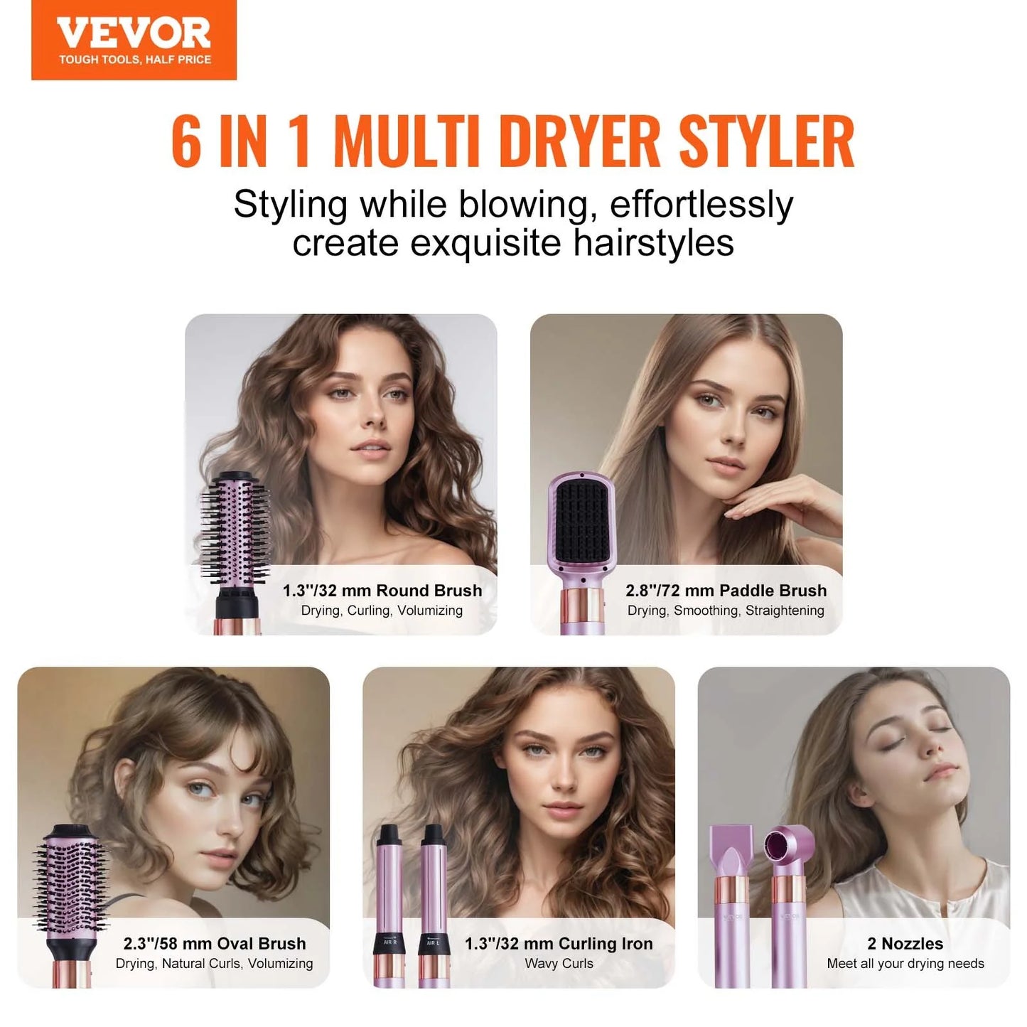 VEVOR 6-in-1 Multi-Function Hair Dryer Brush for Volumizing, Styling, and Curling