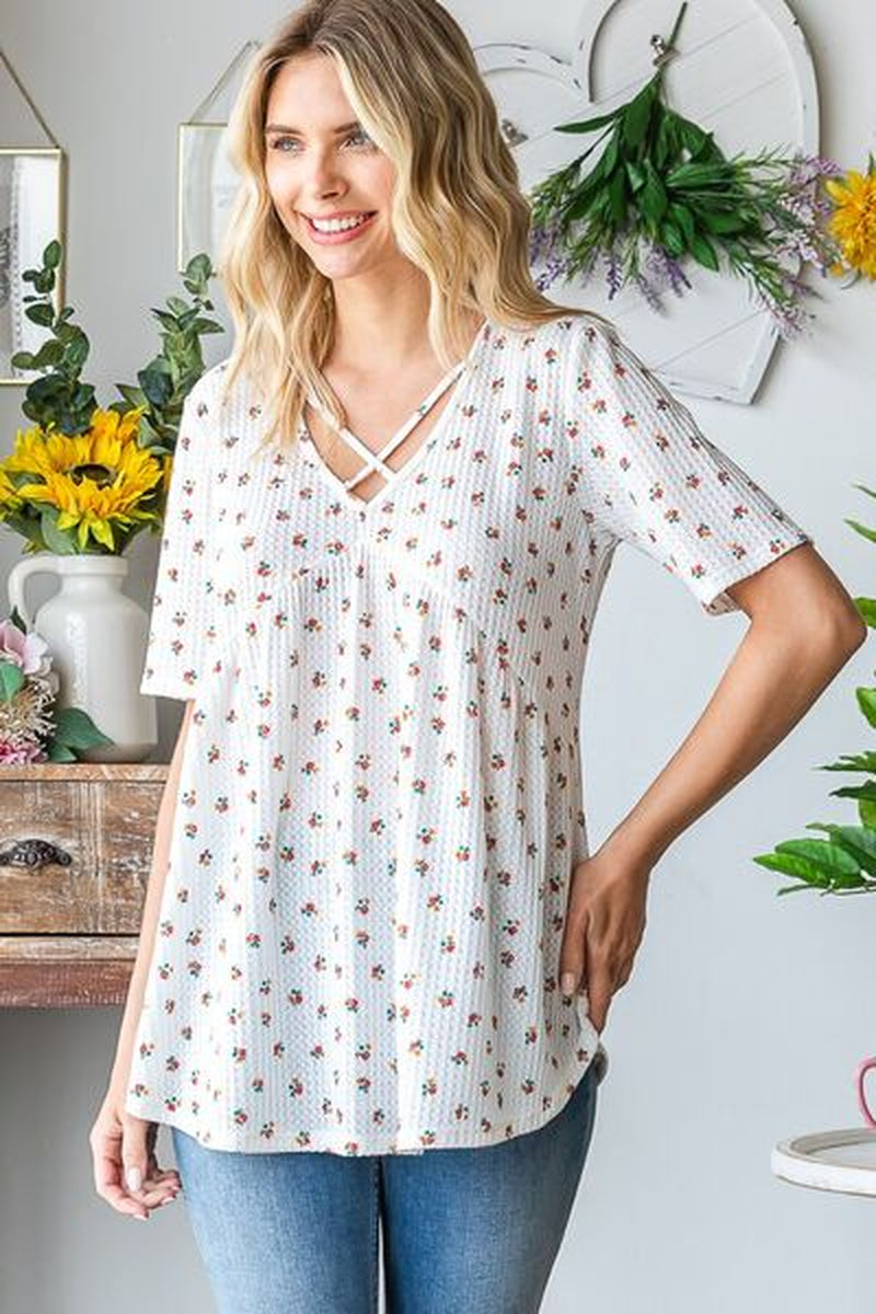 Heimish Plus Size Crisscross Ditsy Floral Babydoll Top