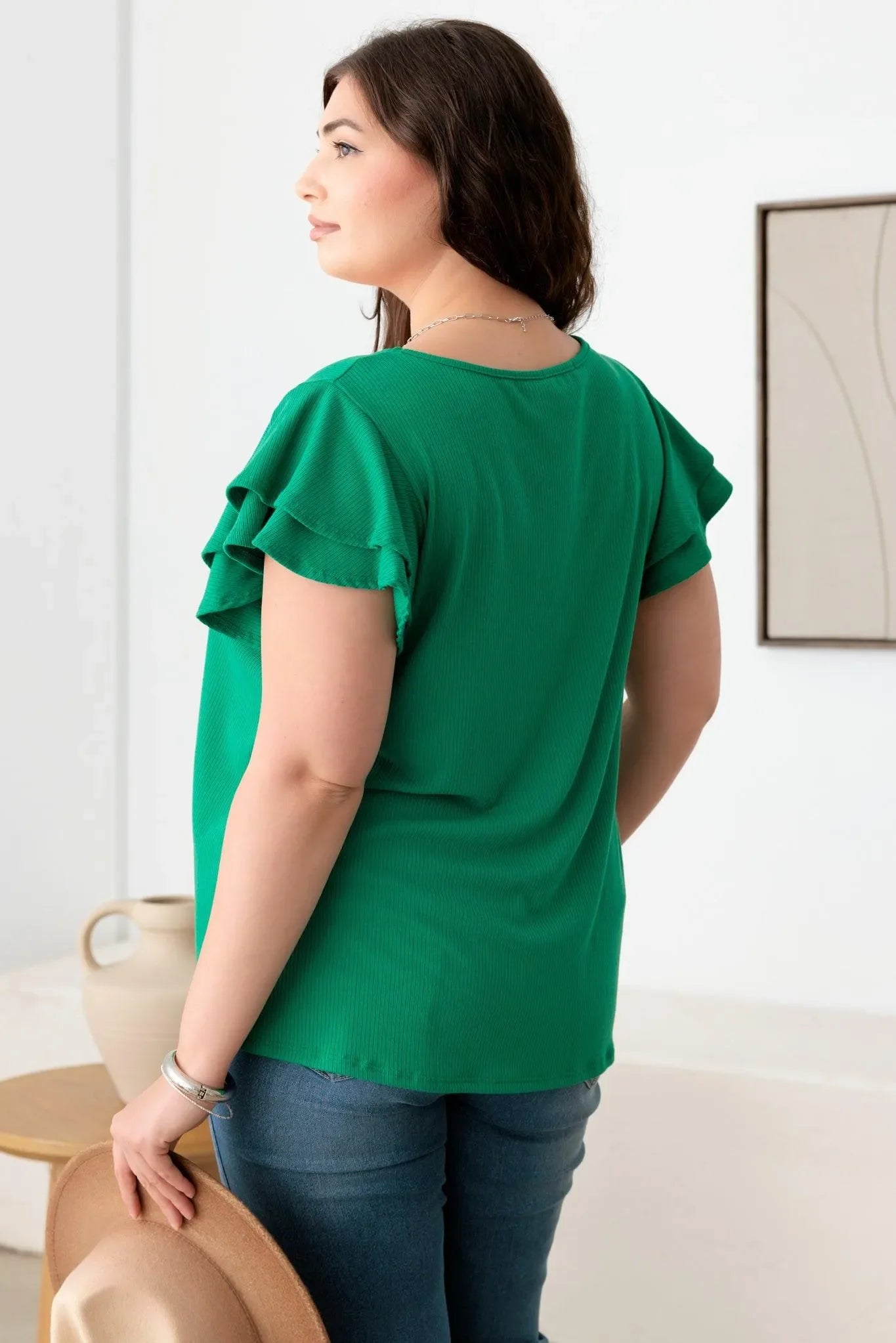 Plus Size Ribbed Top with Short Flutter Sleeves and Round Neck