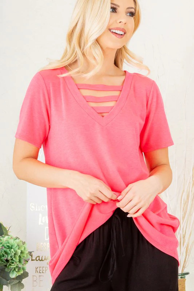 Heimish Plus Size V-Neck Short Sleeve T-Shirt with Bar Detail