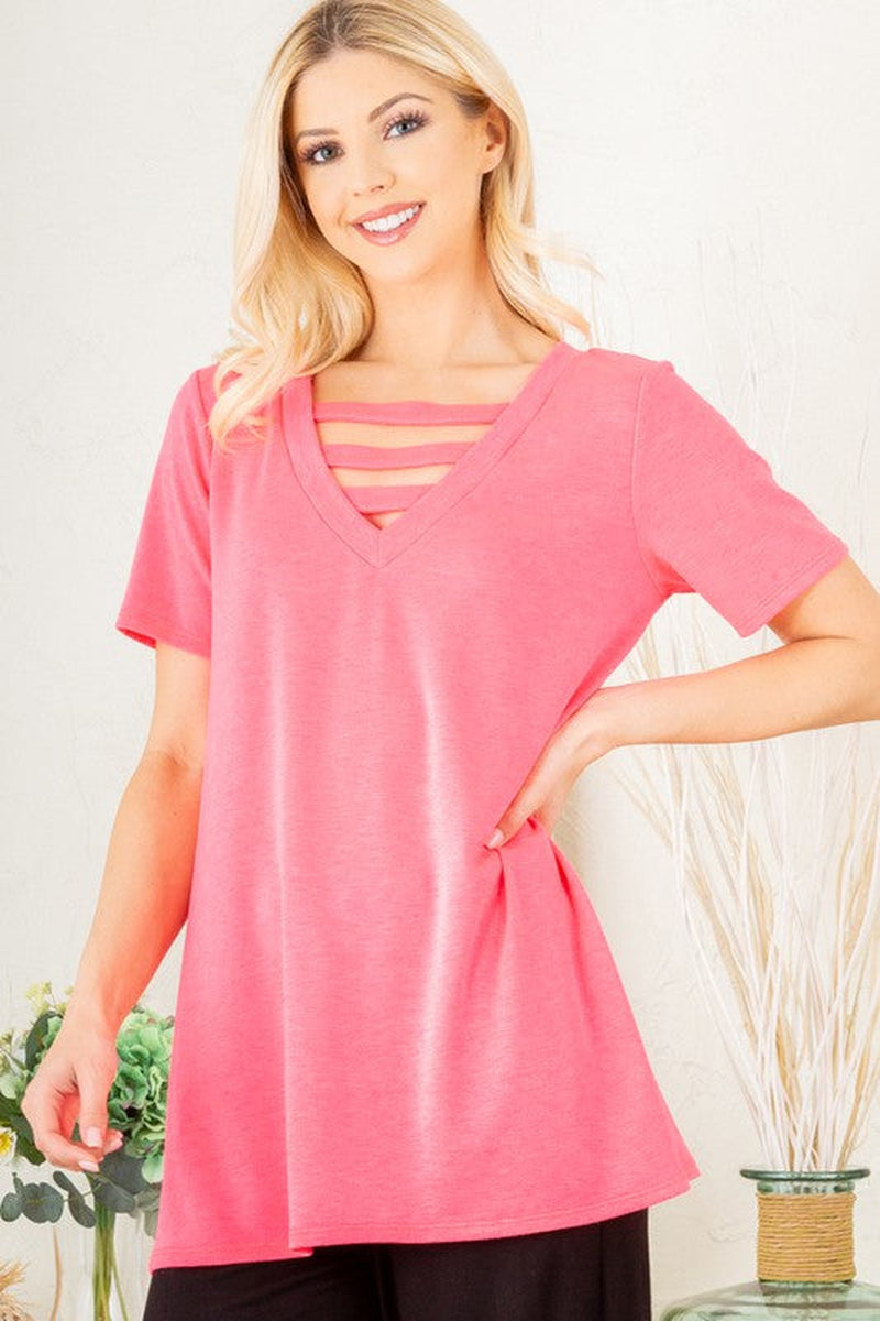 Heimish Plus Size V-Neck Short Sleeve T-Shirt with Bar Detail