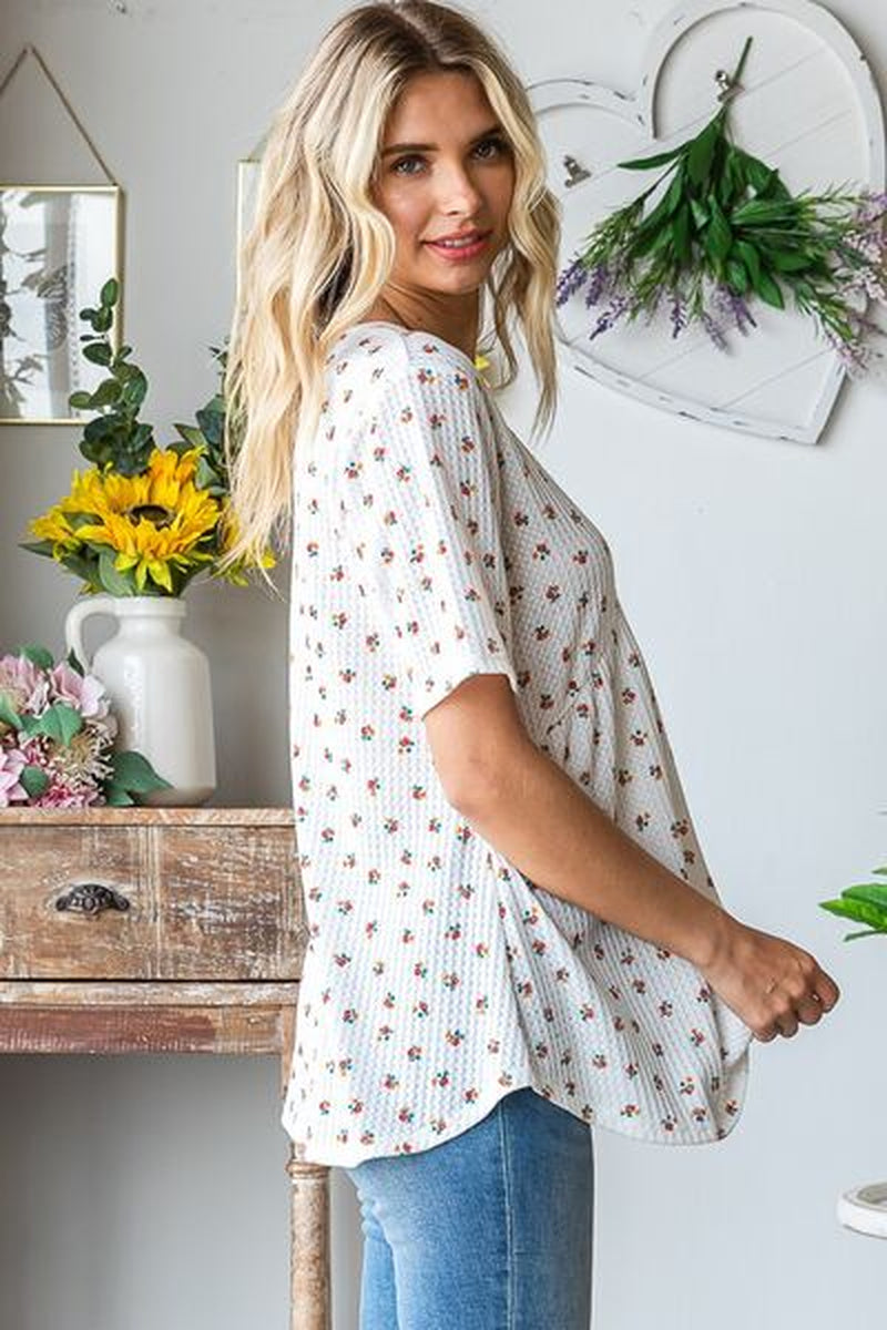 Heimish Plus Size Crisscross Ditsy Floral Babydoll Top