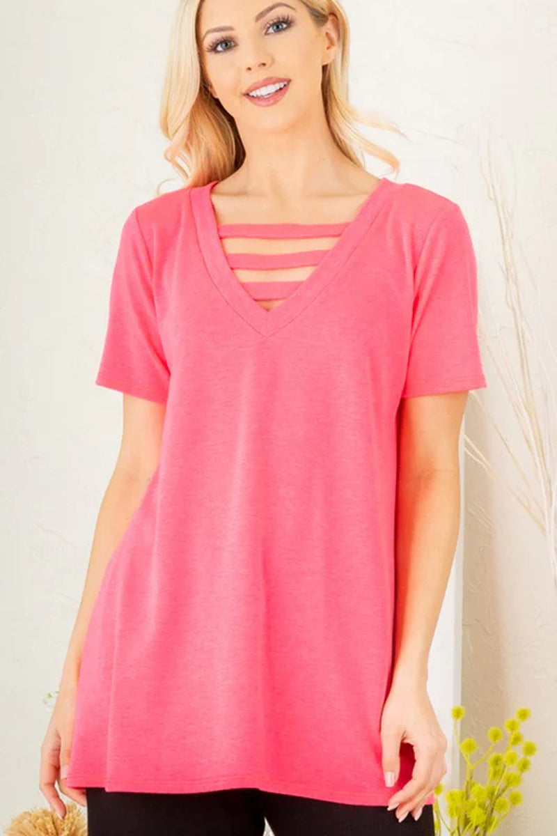 Heimish Plus Size V-Neck Short Sleeve T-Shirt with Bar Detail