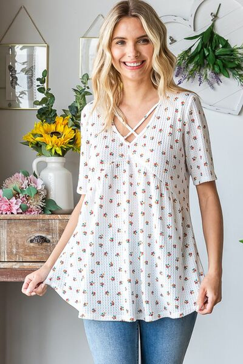 Heimish Plus Size Crisscross Ditsy Floral Babydoll Top