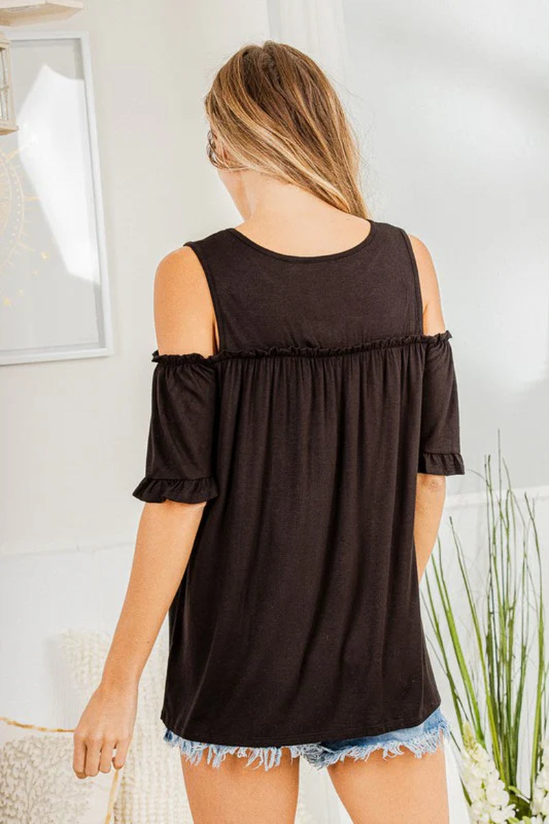 Heimish Plus Size Frill Round Neck Cold Shoulder T-Shirt