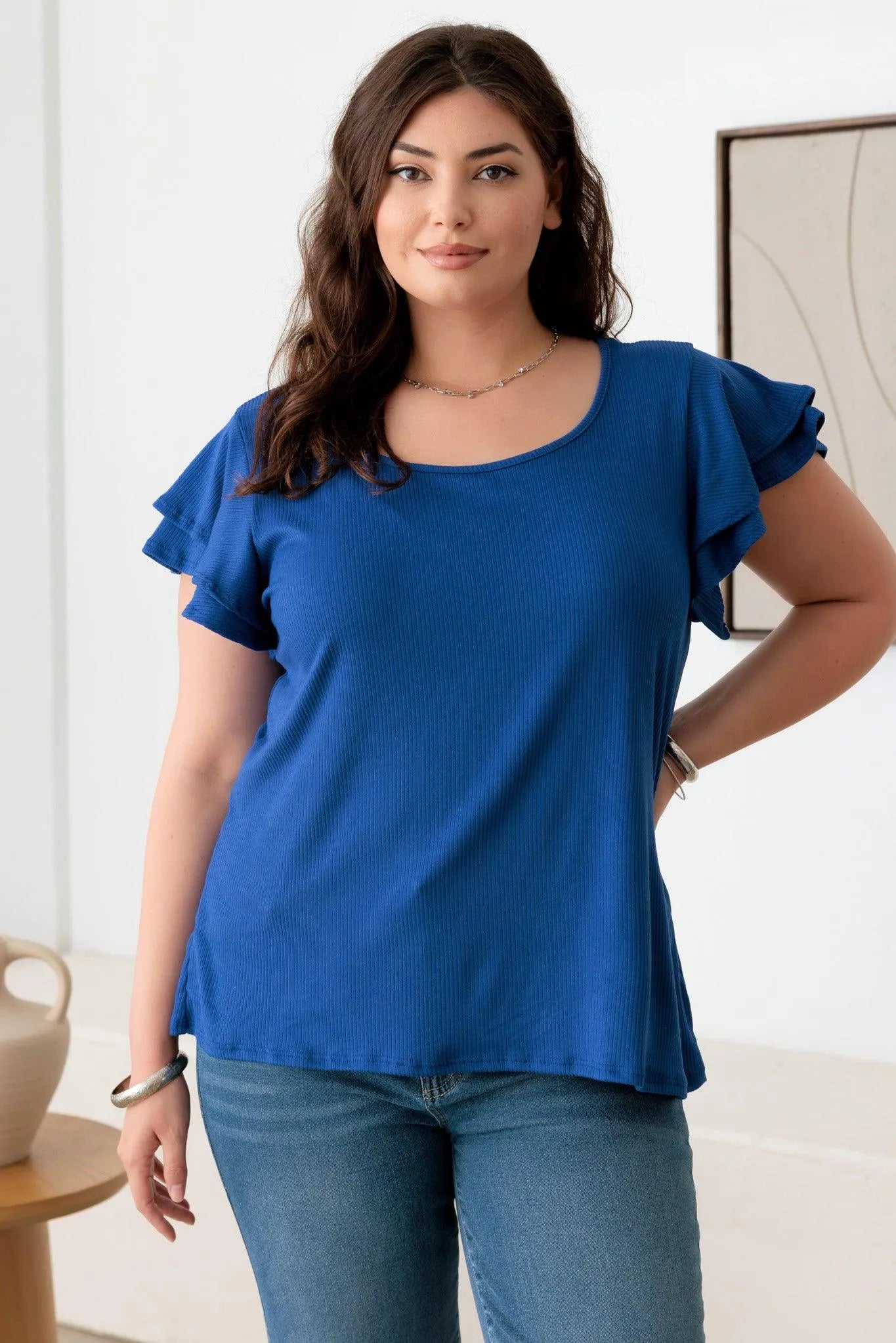 Plus Size Ribbed Top with Short Flutter Sleeves and Round Neck