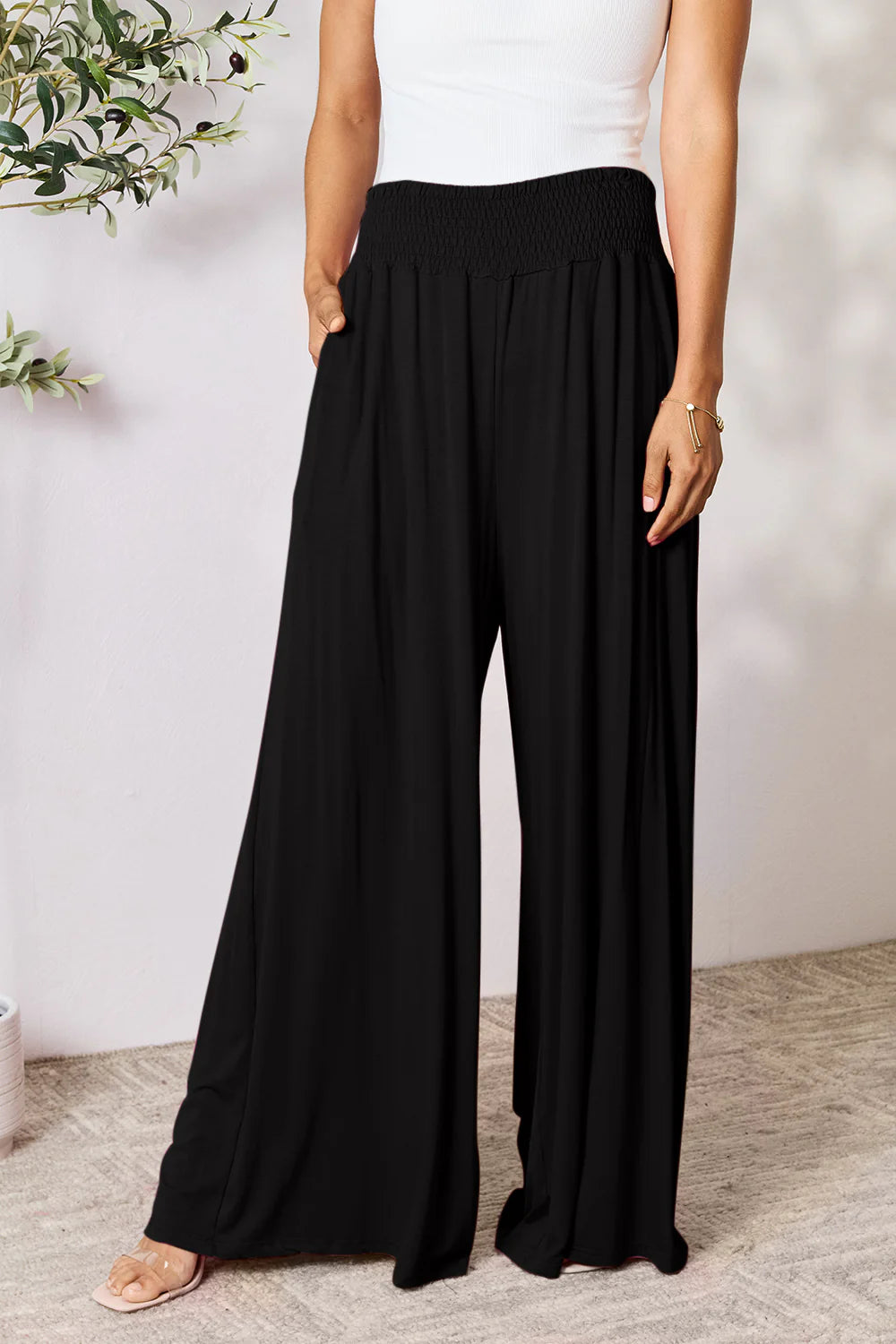 Full-Size Smocked Wide Waistband Wide Leg Pants