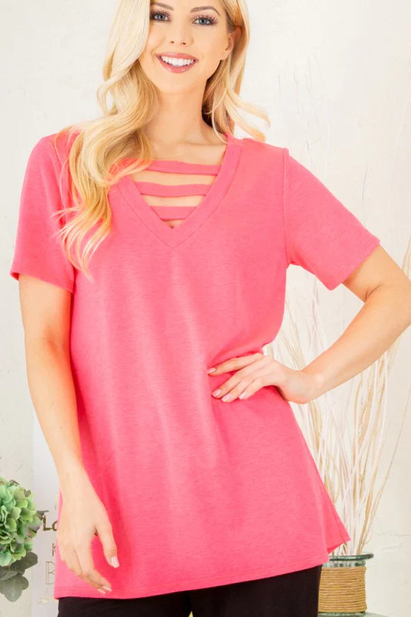 Heimish Plus Size V-Neck Short Sleeve T-Shirt with Bar Detail