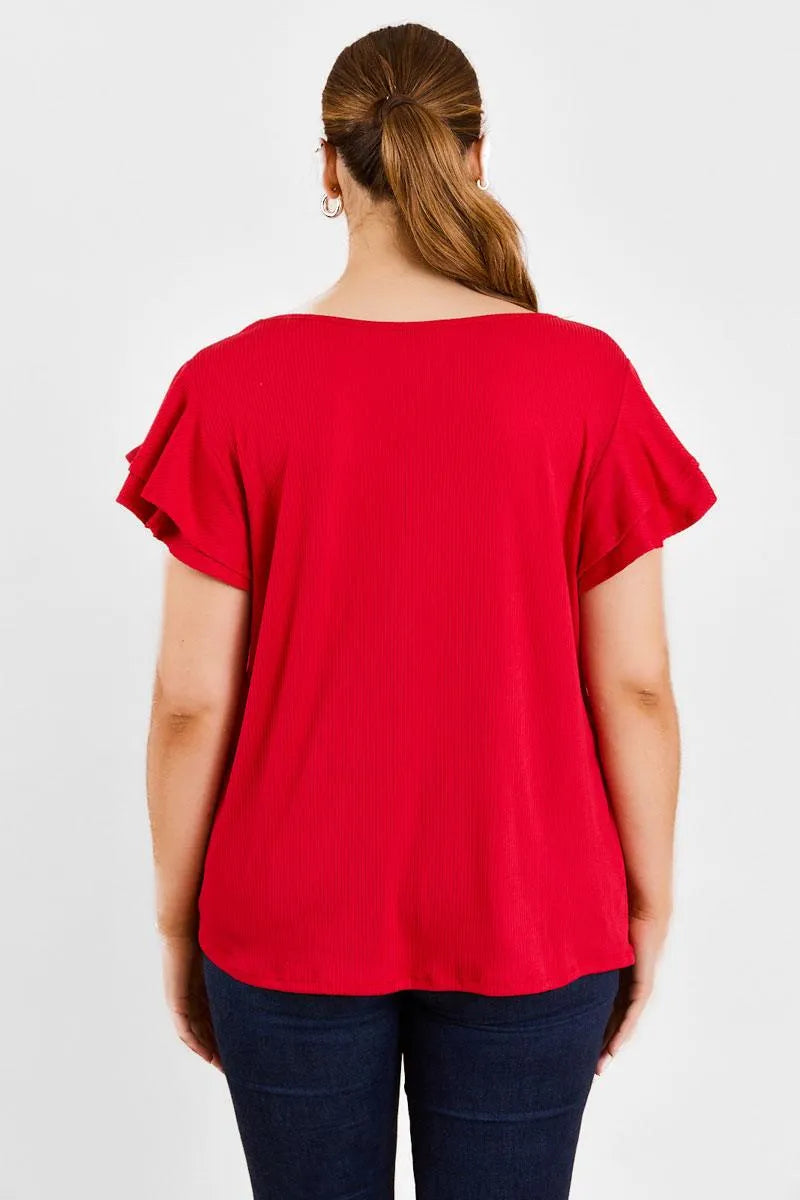 Plus Size Ribbed Top with Short Flutter Sleeves and Round Neck