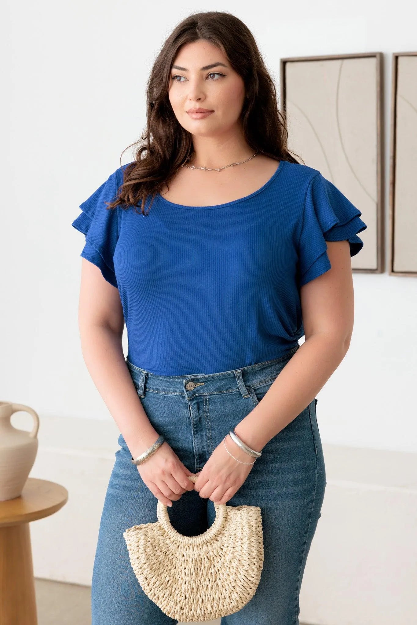 Plus Size Ribbed Top with Short Flutter Sleeves and Round Neck