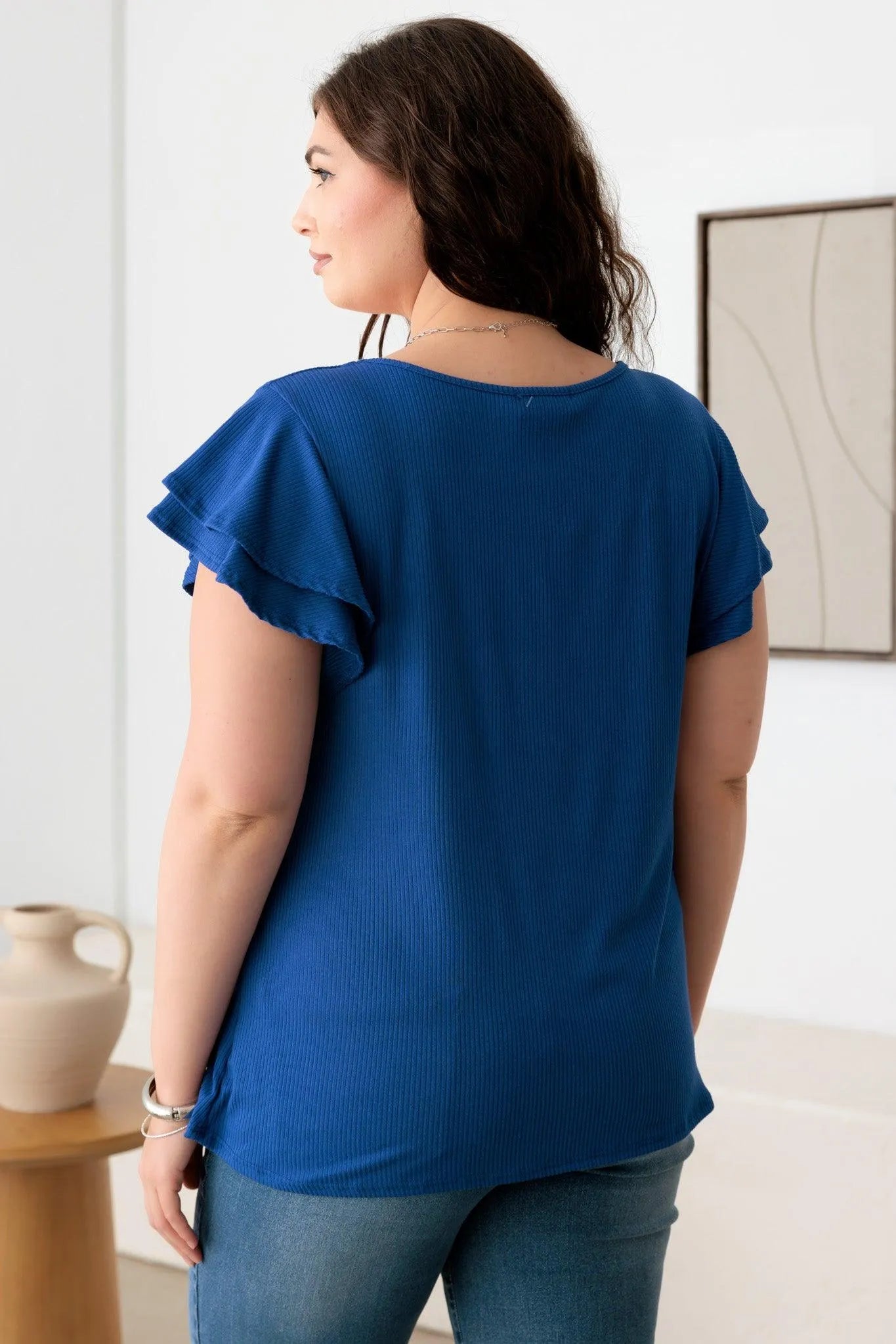 Plus Size Ribbed Top with Short Flutter Sleeves and Round Neck