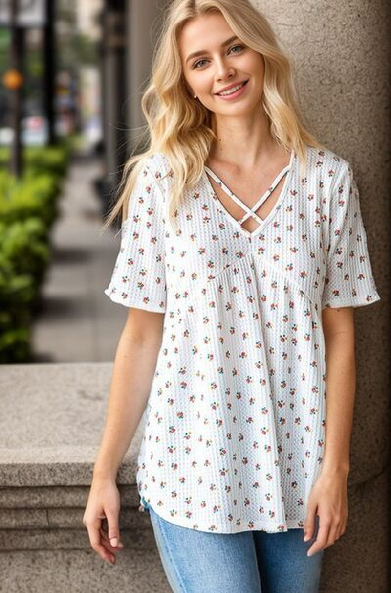 Heimish Plus Size Crisscross Ditsy Floral Babydoll Top