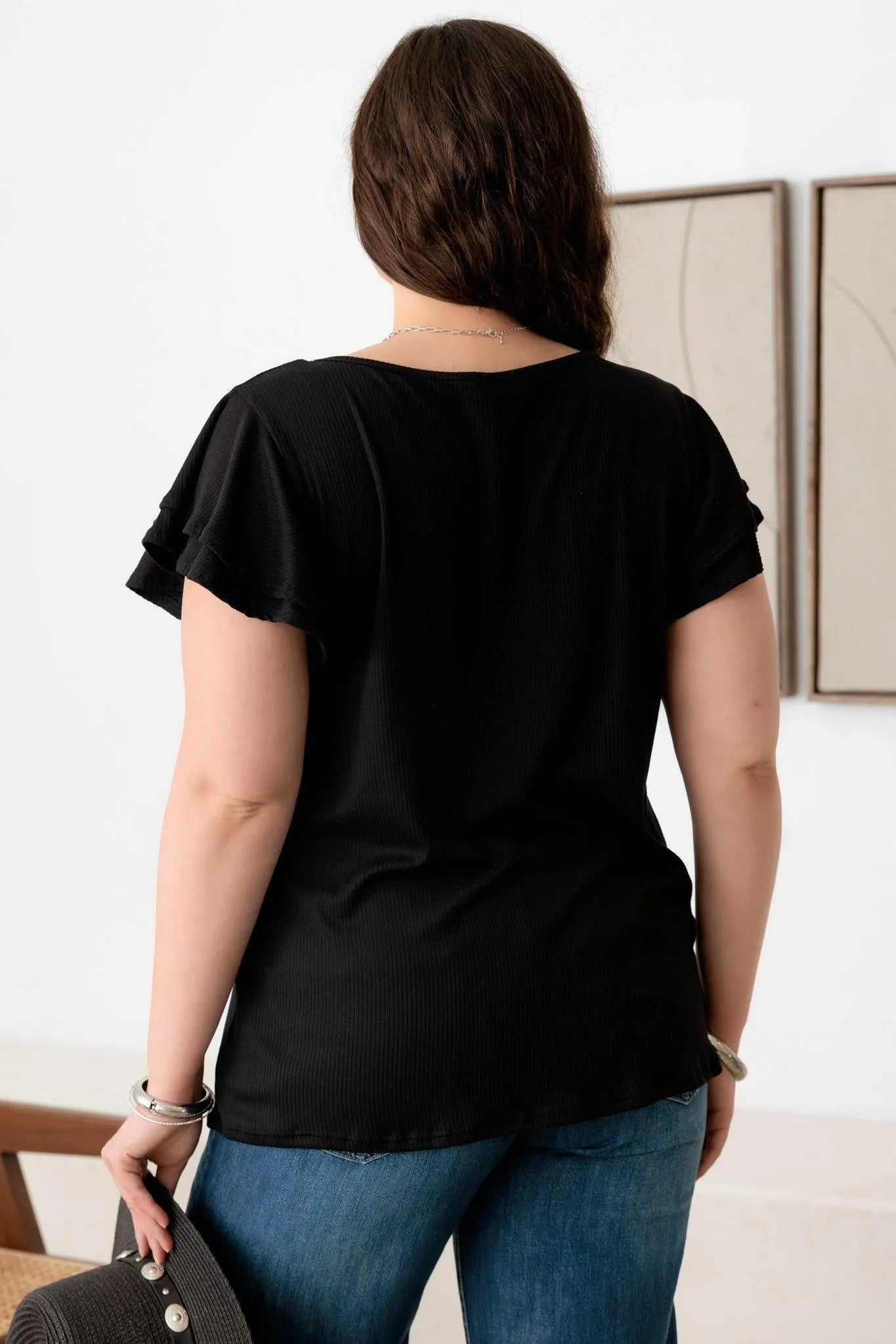 Plus Size Ribbed Top with Short Flutter Sleeves and Round Neck