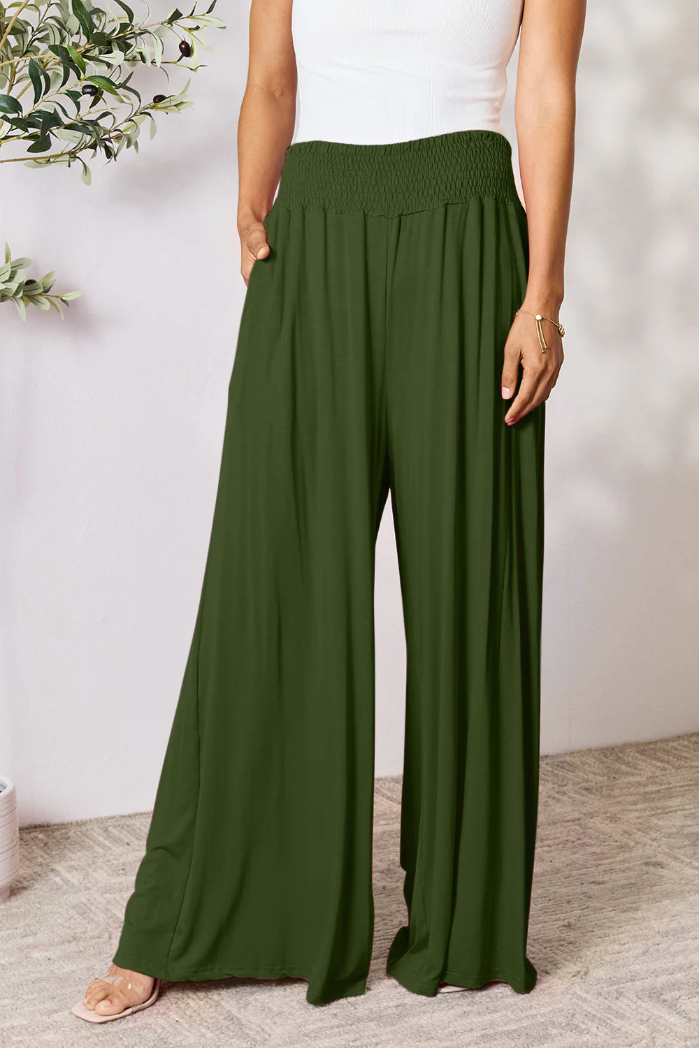 Full-Size Smocked Wide Waistband Wide Leg Pants