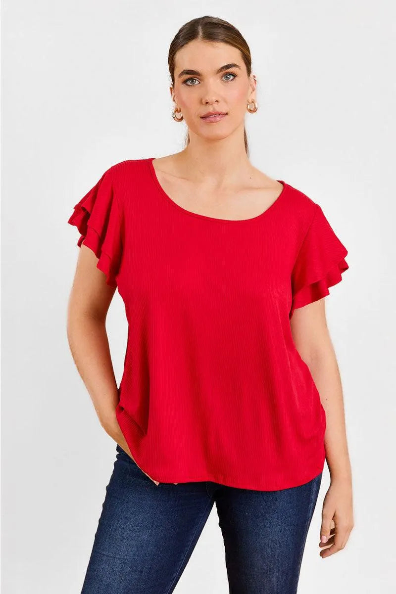 Plus Size Ribbed Top with Short Flutter Sleeves and Round Neck