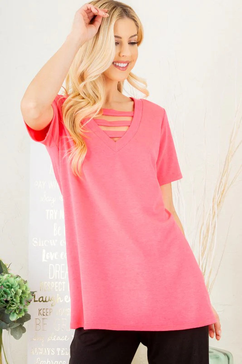 Heimish Plus Size V-Neck Short Sleeve T-Shirt with Bar Detail