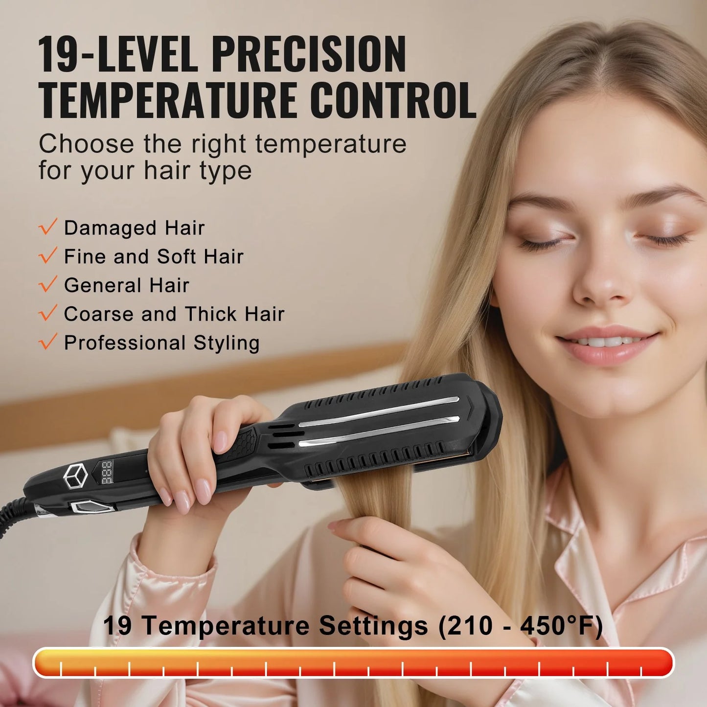 VEVOR Professional 1.5-Inch Titanium Hair Straightener with Dual Infrared Technology, LCD Display, 19 Temperature Settings (210°F to 450°F), Dual Voltage (110V/240V) - Ideal for Salon, Home, and Travel Use