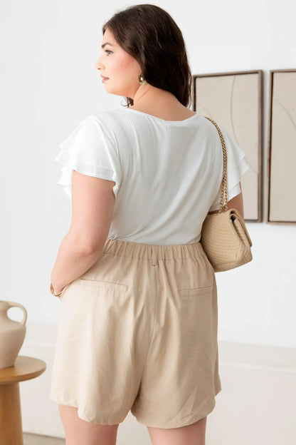 Plus Size Ribbed Top with Short Flutter Sleeves and Round Neck