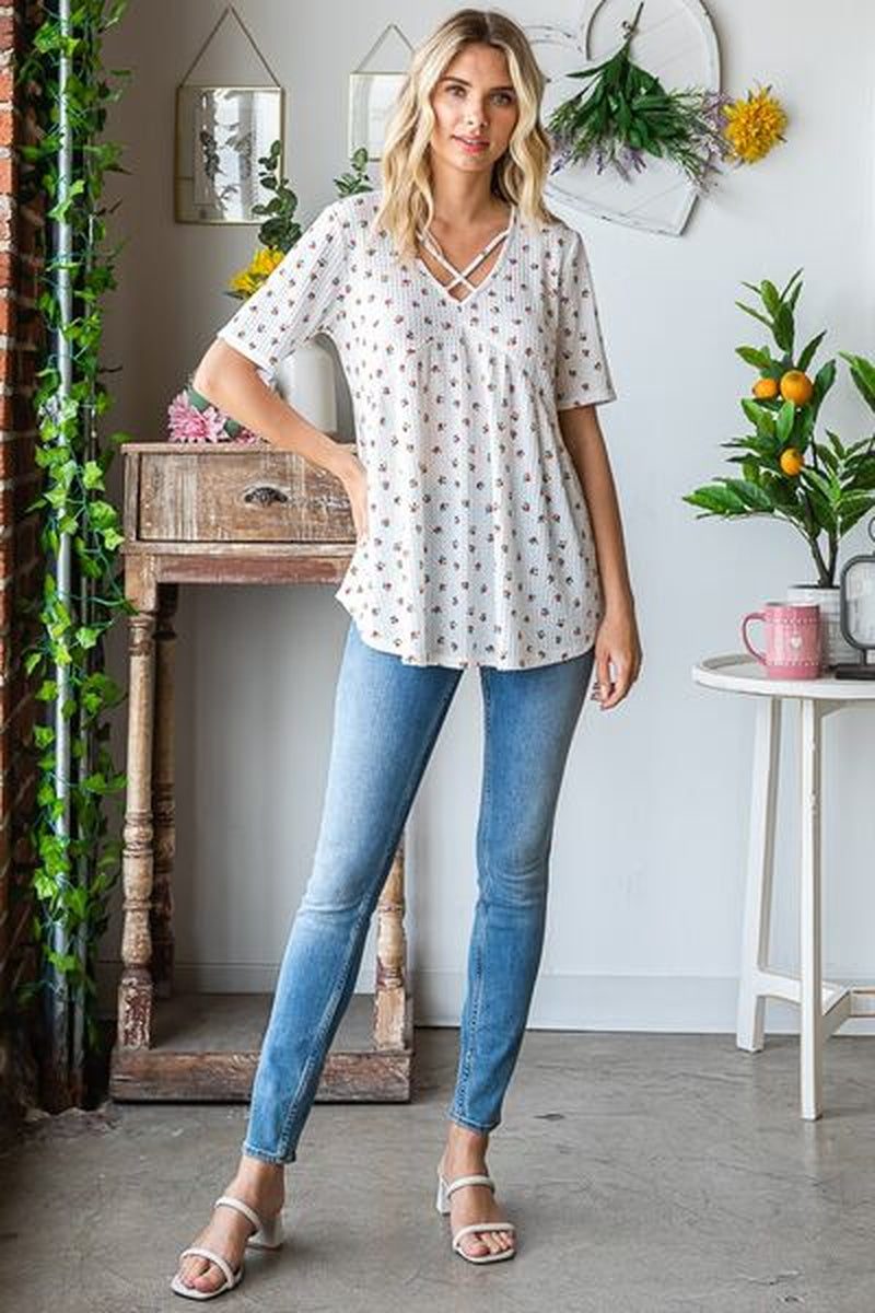 Heimish Plus Size Crisscross Ditsy Floral Babydoll Top