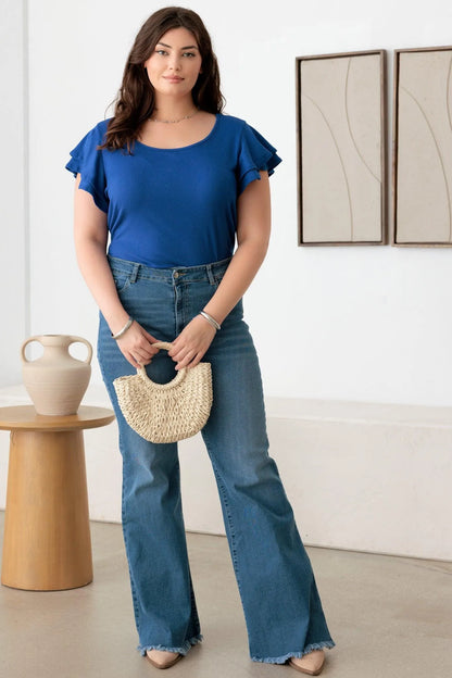 Plus Size Ribbed Top with Short Flutter Sleeves and Round Neck