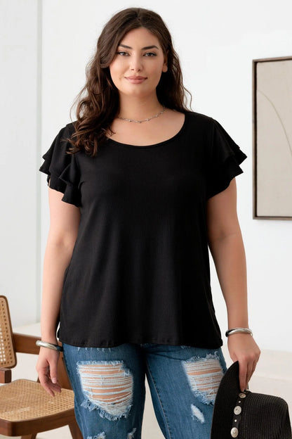 Plus Size Ribbed Top with Short Flutter Sleeves and Round Neck