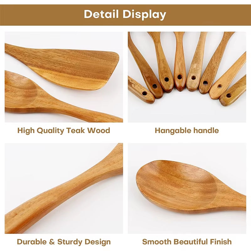 10 Pack Natural Teak Wooden Kitchen Utensil Set Wooden Spoons Spatula Cooking Utensil Set for Cooking Baking JT503