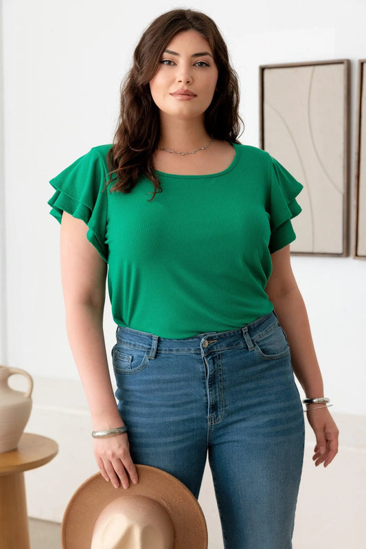 Plus Size Ribbed Top with Short Flutter Sleeves and Round Neck