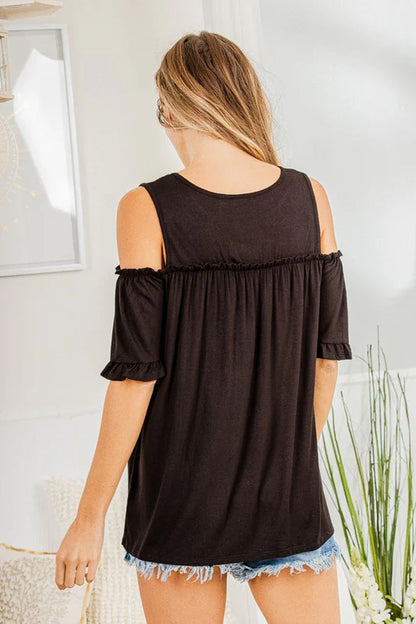 Heimish Plus Size Frill Round Neck Cold Shoulder T-Shirt