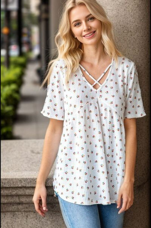 Heimish Plus Size Crisscross Ditsy Floral Babydoll Top