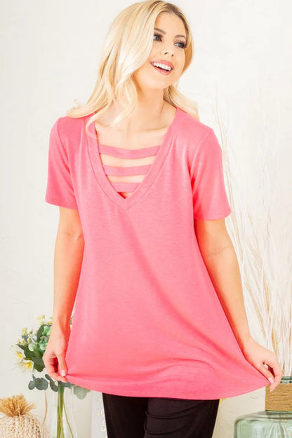 Heimish Plus Size V-Neck Short Sleeve T-Shirt with Bar Detail