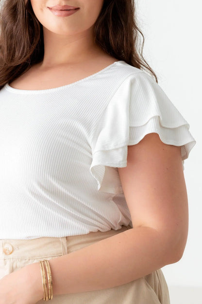 Plus Size Ribbed Top with Short Flutter Sleeves and Round Neck