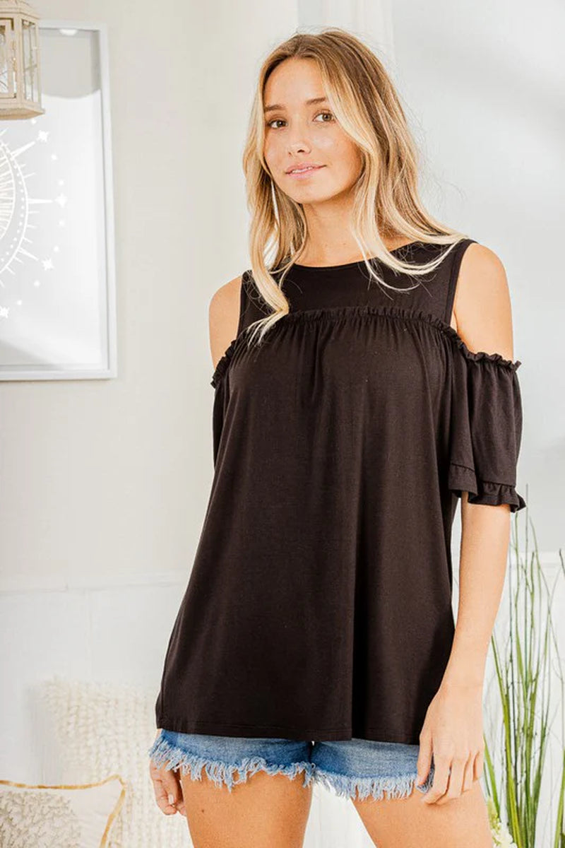 Heimish Plus Size Frill Round Neck Cold Shoulder T-Shirt