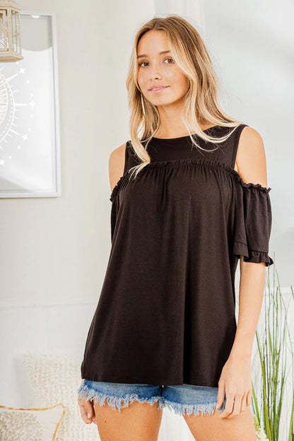Heimish Plus Size Frill Round Neck Cold Shoulder T-Shirt