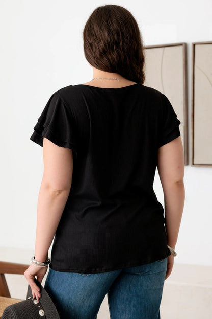 Plus Size Ribbed Top with Short Flutter Sleeves and Round Neck
