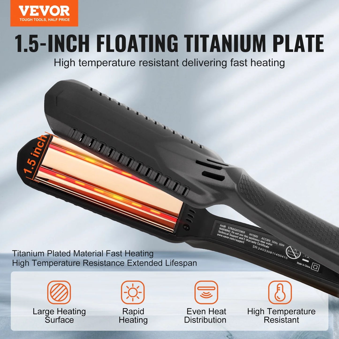 VEVOR Professional 1.5-Inch Titanium Hair Straightener with Dual Infrared Technology, LCD Display, 19 Temperature Settings (210°F to 450°F), Dual Voltage (110V/240V) - Ideal for Salon, Home, and Travel Use
