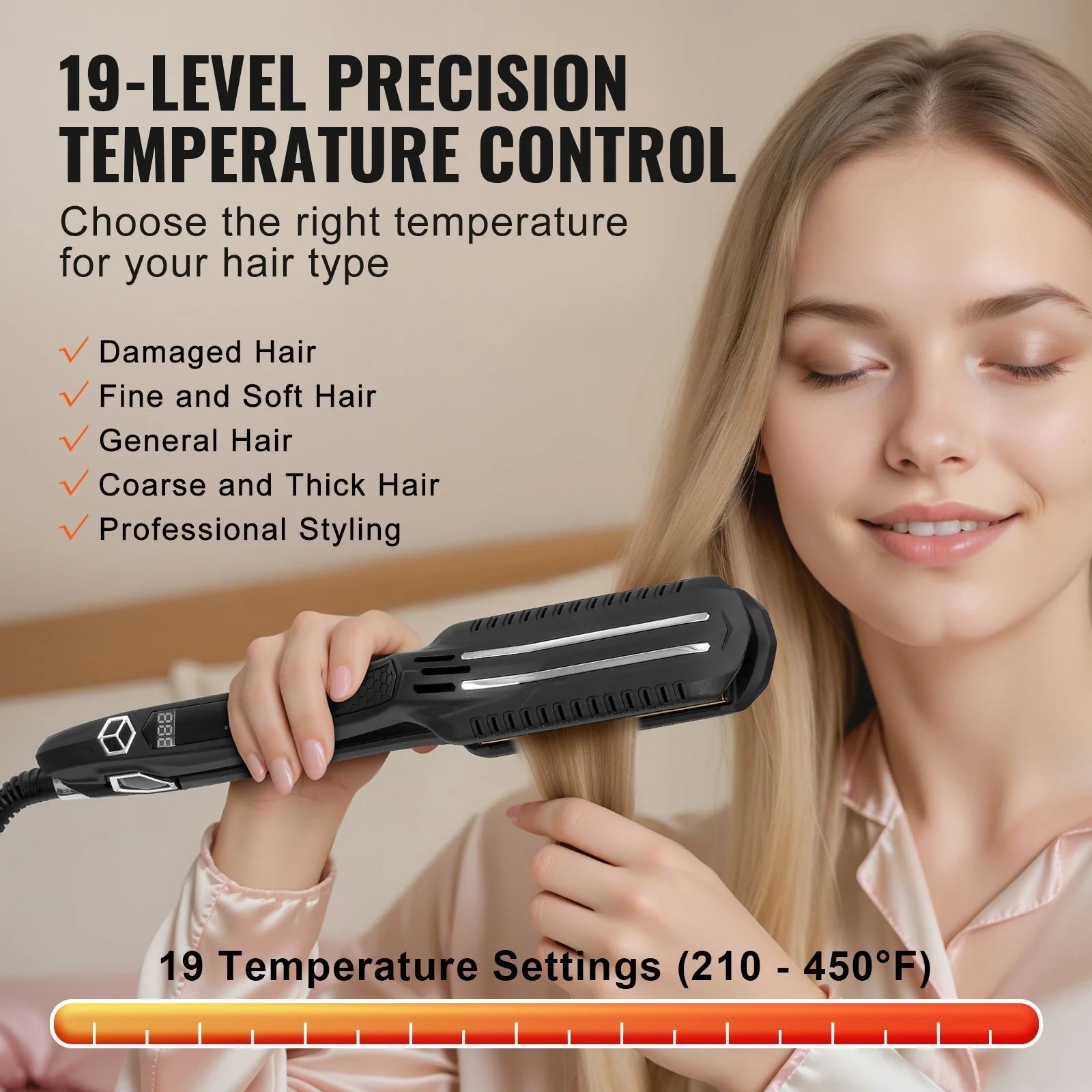 VEVOR Professional 1.5-Inch Titanium Hair Straightener with Dual Infrared Technology, LCD Display, 19 Temperature Settings (210°F to 450°F), Dual Voltage (110V/240V) - Ideal for Salon, Home, and Travel Use